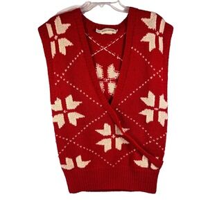 Vintage Lynn Novak Hand Knit Sweater Vest Red & White Women's Size S 100% Wool
